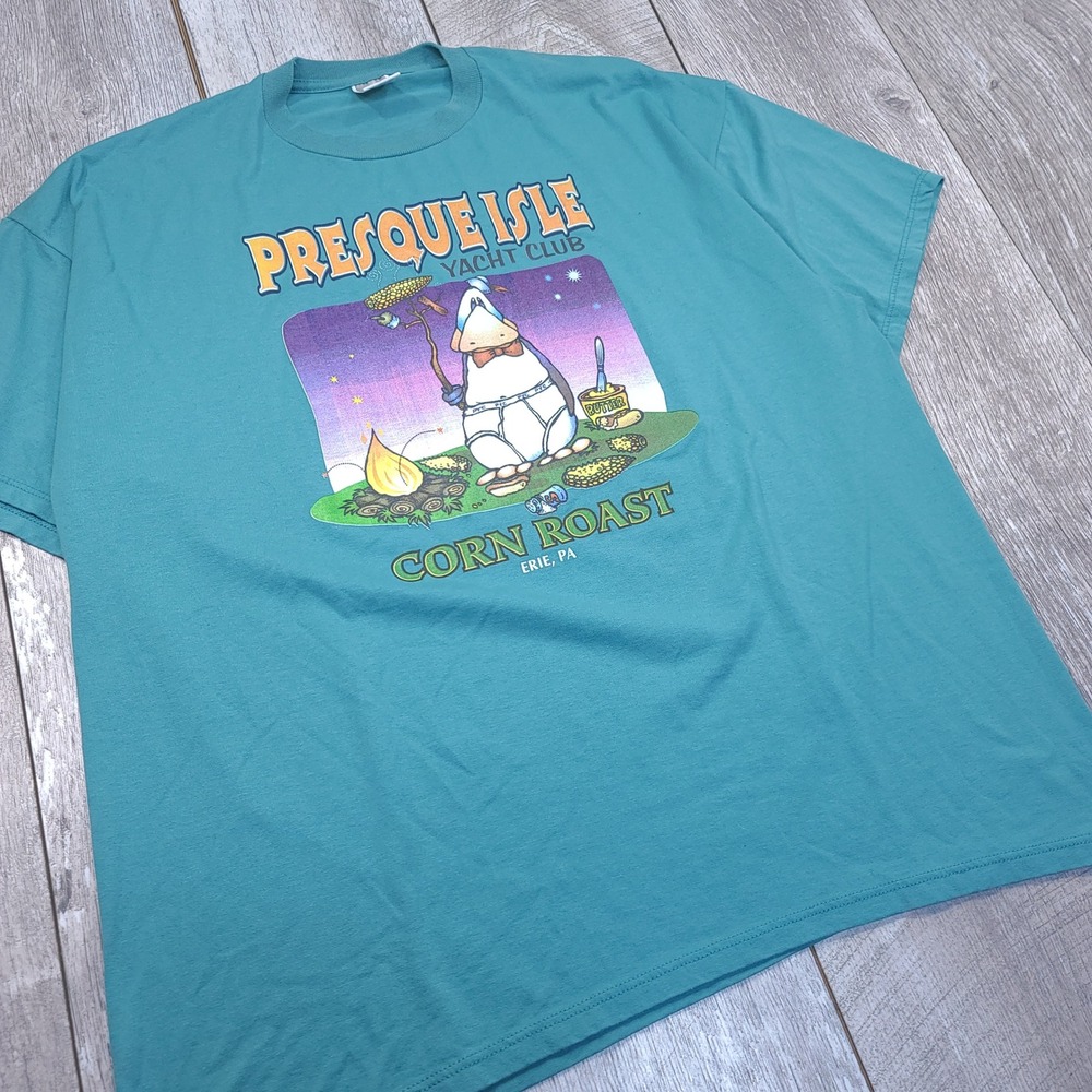 Vintage T-Shirt Mens 2X Teal Presque Isle Yacht Club Corn Roast Erie PA Graphic - Picture 3 of 6